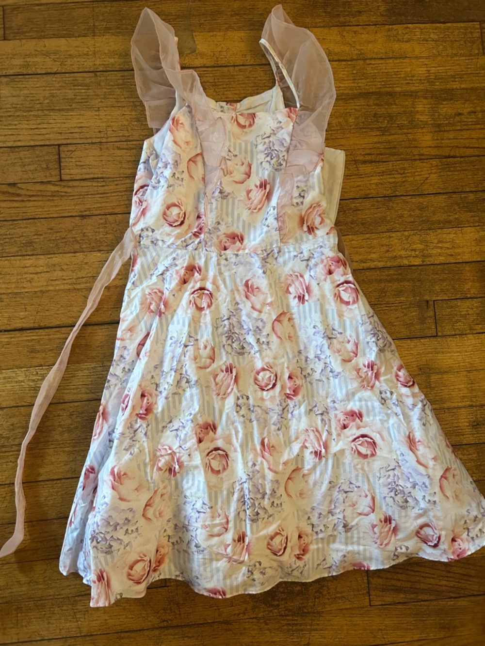 Blush Pink and White Floral Ruffle-Shoulder Dress